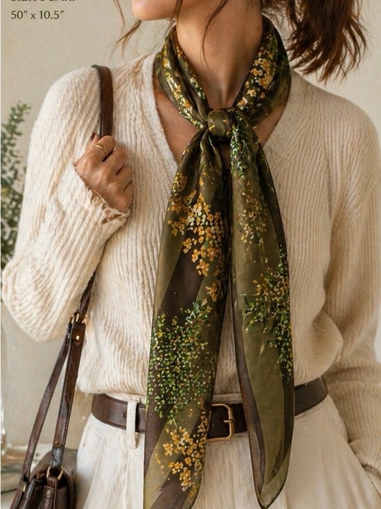 Jacqueline Ferrar Accessories - Olive Botanical Long Silk Scarf Cottagecore Earthy Aesthetic Floral